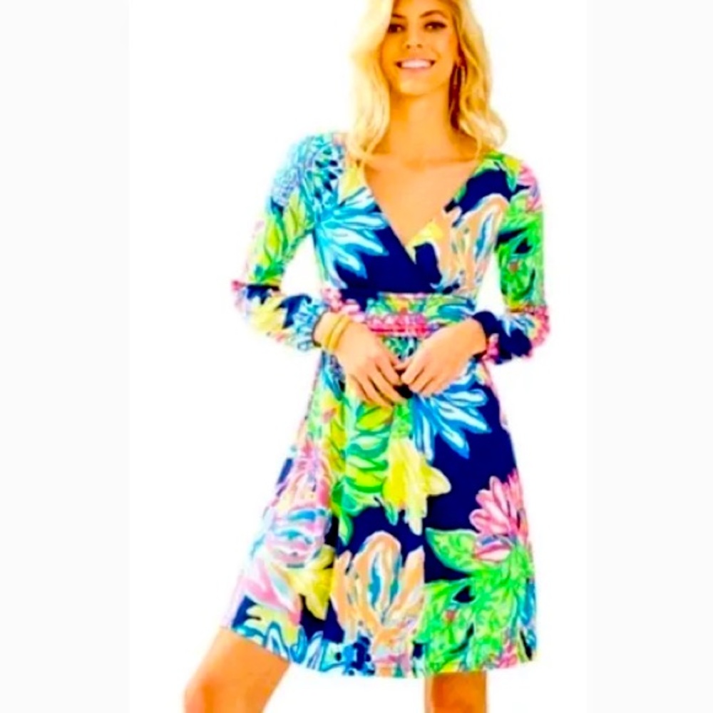Lilly Pulitzer Fleur Resort Navy Traveler's Palm Pink V Dress